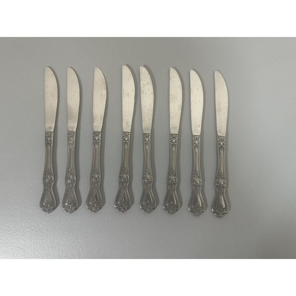 Rogers Co. stainless flatware Rose Set Of 8 dinner knives 8 1/2